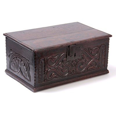 Lot 624 - A 17TH CENTURY OAK DEED BOX - PROBABLY...