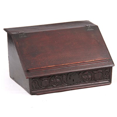 Lot 625 - A 17TH CENTURY OAK SLOPE FRONT DESK BOX WITH...