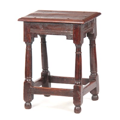 Lot 719 - A 17TH CENTURY OAK JOINT STOOL the pegged...