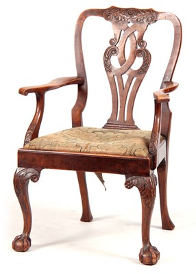 Lot 762 - A GEORGE I WALNUT OPEN ARMCHAIR with leaf...