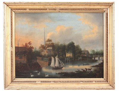 Lot 430 - A 19TH CENTURY CHINA TRADE OIL ON CANVAS river...