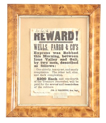 Lot 334 - A WELLS, FARGO & CO'S HEIST REWARD POSTER...