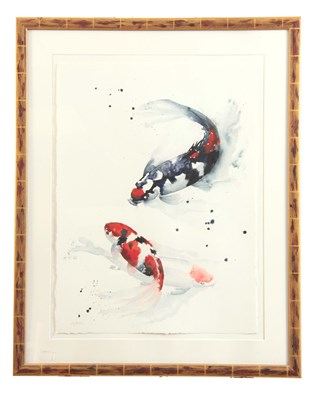 Lot 465 - ZOE PRESTON. A LARGE WATERCOLOUR OF TWO CARP...