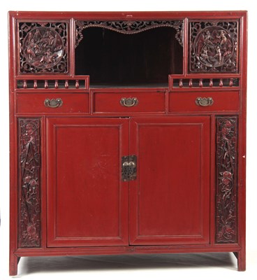 Lot 136 - AN 18TH CENTURY RED LACQUERED HARDWOOD CHINESE...