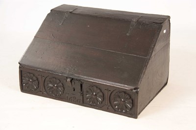 Lot 1002 - A LATE 17TH CENTURY OAK DESK BOX with angled...