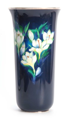 Lot 125 - A ROYAL BLUE FLARED TAPERING VASE WITH SILVER...