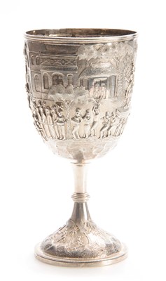 Lot 210 - A LARGE INDIAN SILVER GOBLET with gilt...