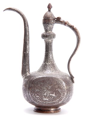 Lot 215 - AN ISLAMIC SILVER PLATED COFFEE POT, 37.5cm high.