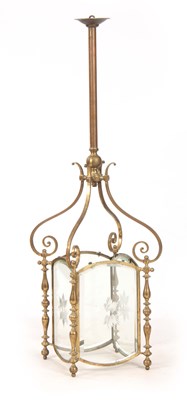 Lot 348 - A 19TH CENTURY GILT BRASS HANGING HALL LANTERN...