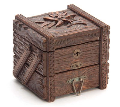 Lot 368 - A SWISS CARVED BLACK FOREST JEWELLERY BOX...