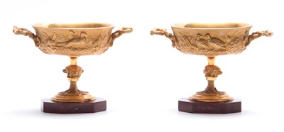 Lot 403 - A PAIR OF ORMOLU MOUNTED DISHES ON MARBLE...