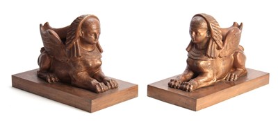 Lot 436 - A PAIR OF BRONZED SPHINX ON PLINTH BASES,...