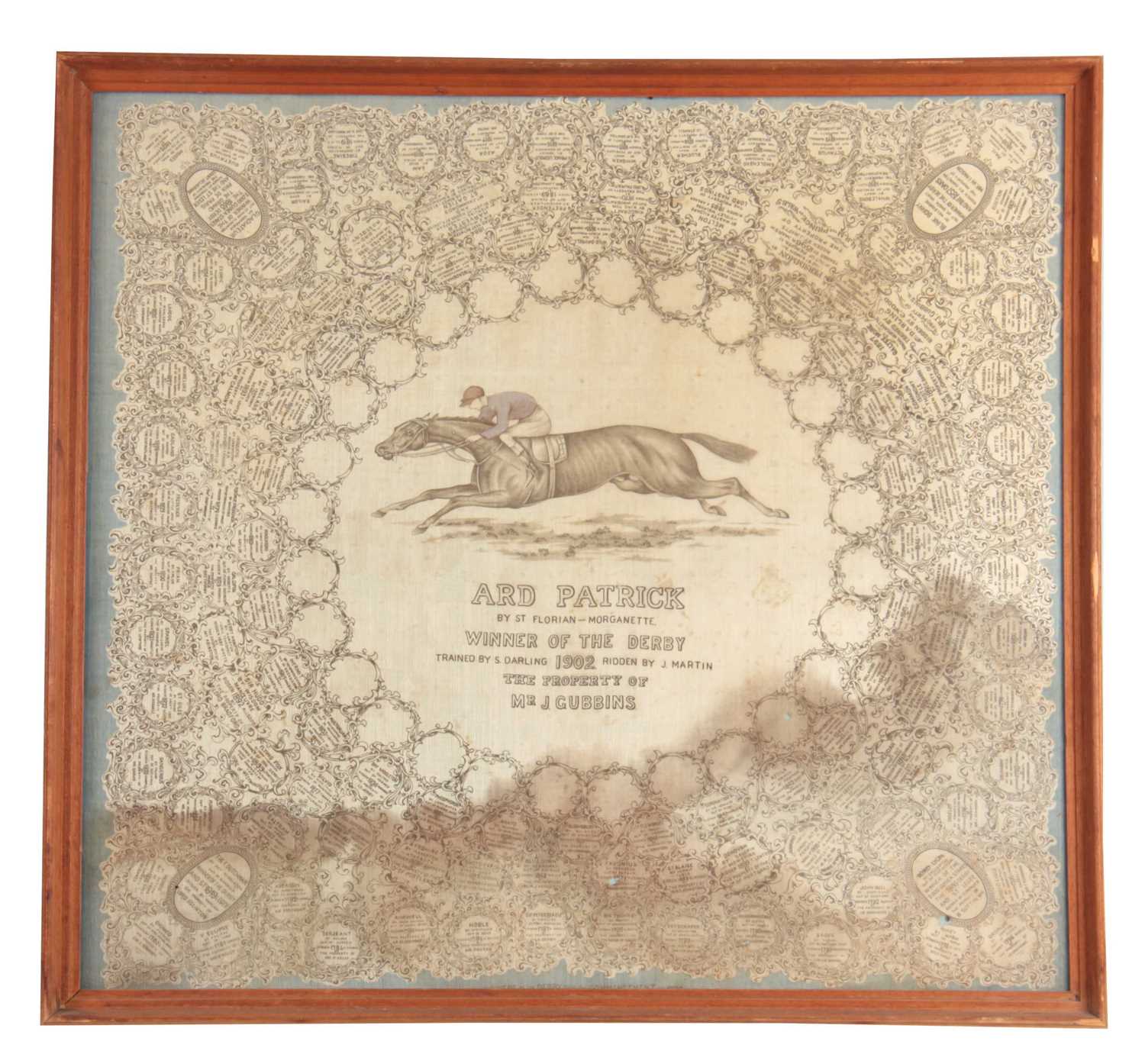 Lot 548 - A 19TH CENTURY SILK SCARF DEPICTING THE DERBY...