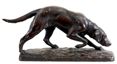 Lot 635 - A 19TH CENTURY PATINATED BRONZE of a gun dog...