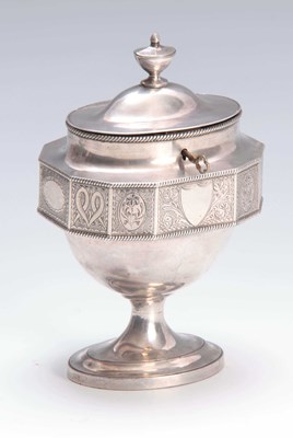 Lot 564 - A LATE GEORGIAN SILVER PLATE OVAL PEDESTAL TEA...