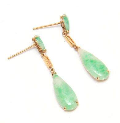 Lot 664 - A PAIR OF 14CT MOUNTED JADE PENDANT DROP...