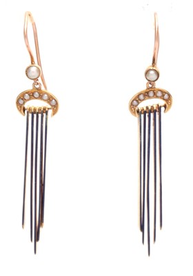 Lot 691 - A PAIR OF 15CT GOLD ENAMEL AND PEARL TASSLE...