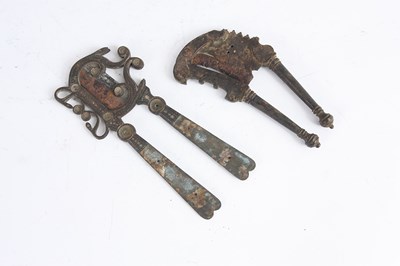 Lot 184 - TWO EARLY PAIRS OF EASTERN BRASS AND STEEL...