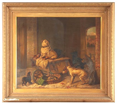 Lot 786 - A 19th CENTURY OIL ON CANVAS. Group of dogs in...