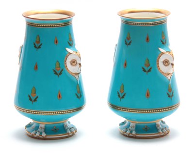 Lot 80 - A PAIR OF EARLY 20TH CENTURY MINTON OWL VASES...