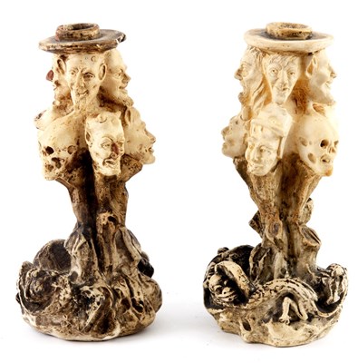 Lot 646 - AN UNUSUAL PAIR OF GROTESQUE MASK HEAD...