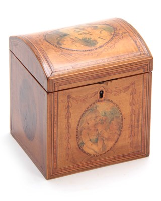 Lot 920 - A GEORGE III DOME TOPPED INLAID SATINWOOD TEA...