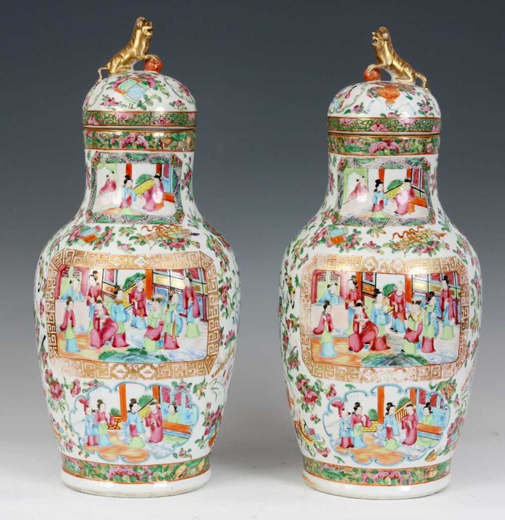 Lot 130 - A PAIR OF 19TH CENTURY CANTON OVOID VASES WITH...