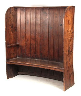 Lot 989 - A GEORGE III BOWED ELM TAVERN SETTLE having...