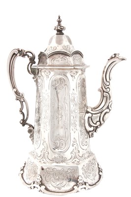 Lot 250 - A VICTORIA SILVER COFFEE POT with domed hinged...