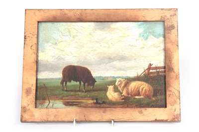 Lot 332 - 19TH CENTURY OIL ON MAHOGANY PANEL sheep in a...