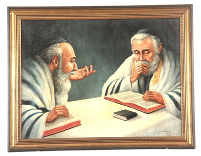 Lot 357 - A GINSBERG - OIL ON HARDBOARD scholars at a...