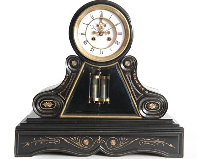 Lot 503 - A 19TH CENTURY FRENCH BLACK SLATE MANTEL CLOCK...