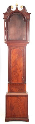 Lot 607 - A LATE GEORGE III FIGURED MAHOGANY LONGCASE...