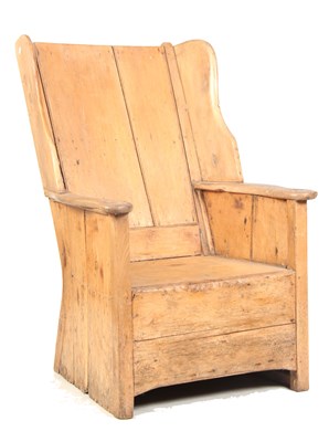 Lot 673 - A GEORGE III PINE LAMBING CHAIR with shaped...