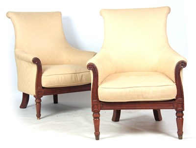 Lot 686 - A PAIR OF LATE REGENCY MAHOGANY UPHOLSTERED...