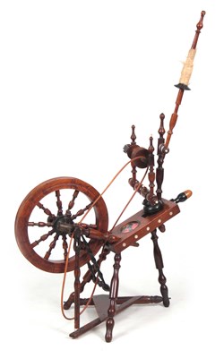 Lot 1005 - A 19TH CENTURY FRUITWOOD SPINNING WHEEL the...