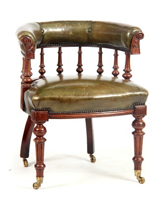 Lot 1014 - A 19TH CENTURY WALNUT DESK CHAIR with green...