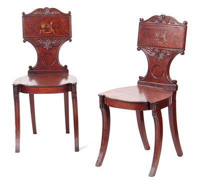 Lot 1037 - A PAIR OF REGENCY MAHOGANY HALL CHAIRS with...