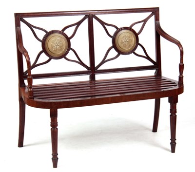 Lot 1042 - A REGENCY MAHOGANY HALL BENCH with slatted...