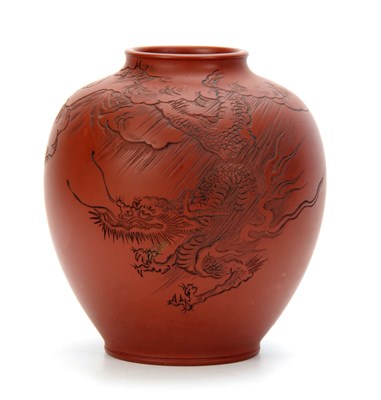 Lot 106 - A CHINESE YIXING TERRACOTTA VASE engraved with...