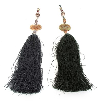 Lot 116 - TWO CHINESE JADE AND SILVER HANGING TASSELS...