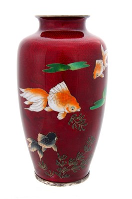 Lot 153 - A JAPANESE RED CLOISONNE VASE decorated with...