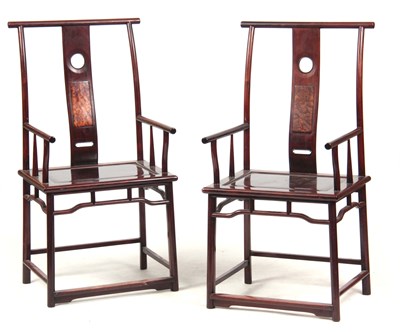 Lot 203 - A PAIR OF CHINESE HARDWOOD OPEN ARMCHAIRS with...