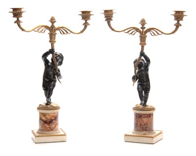 Lot 385 - A FINE PAIR OF REGENCY BRONZE AND ORMOLU TWO...