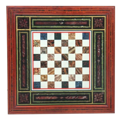 Lot 411 - A 19TH CENTURY FRAMED PAINTED CHESS BOARD...