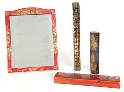 Lot 433 - A RED LACQUER CHINOISERIE EASEL MIRROR with...