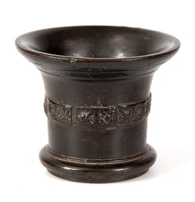 Lot 576 - AN EARLY CAST BRONZE MORTAR with applied...