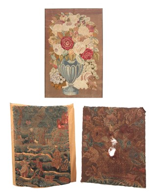 Lot 652 - A GLAZED 19TH CENTURY FLORAL NEEDLEWORK PANEL...