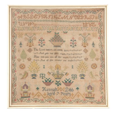 Lot 654 - A 19TH CENTURY NEEDLEWORK SAMPLER BY HANNAH...