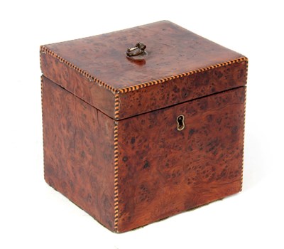 Lot 684 - A GEORGE III SQUARE BURR YEW-WOOD TEA CADDY...